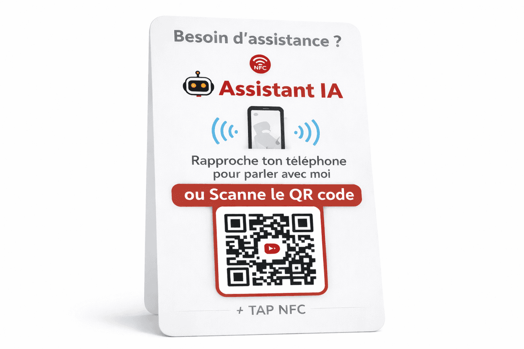 Plaquette Assistant IA — NFC et QR code sur support, prête à poser dans le logement